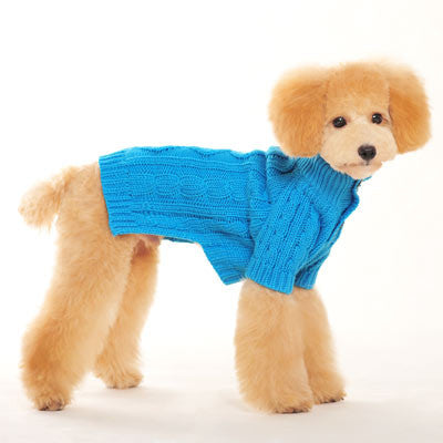 Blue cable-knit dog sweater with textured yoke and ribbed hem, worn sideways