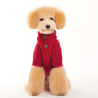 Red cable-knit dog sweater with ribbed collar and button front, worn on small dog