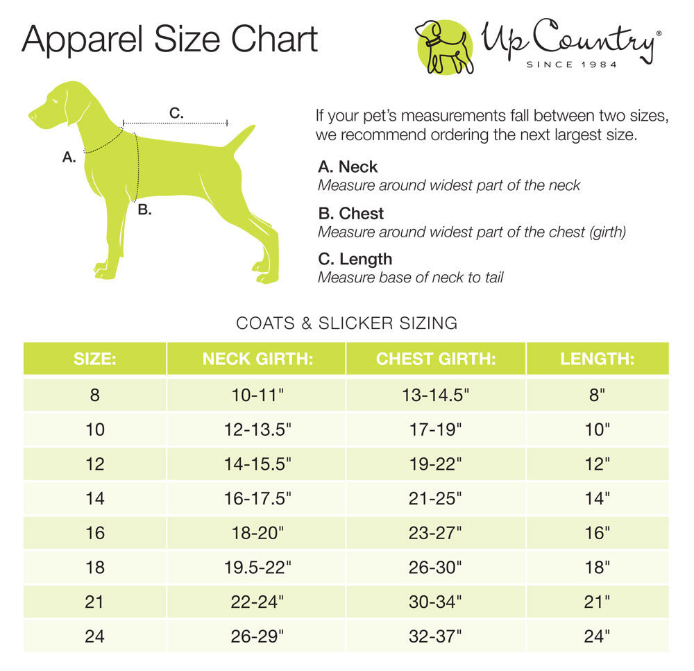Up Country dog coat sizing chart showing neck, chest, and length by size
