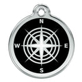 Round stainless steel dog ID tag with black enamel compass face and hanging loop