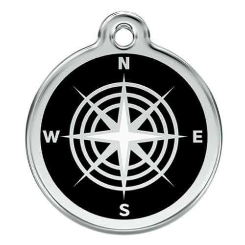 Round stainless steel dog ID tag with black enamel compass face and hanging loop
