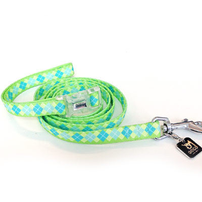 Green-and-blue check dog collar with metal buckle, D-ring, and branded tag