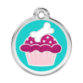 Red Dingo stainless steel dog ID tag with glitter cupcake enamel design, teal backing.