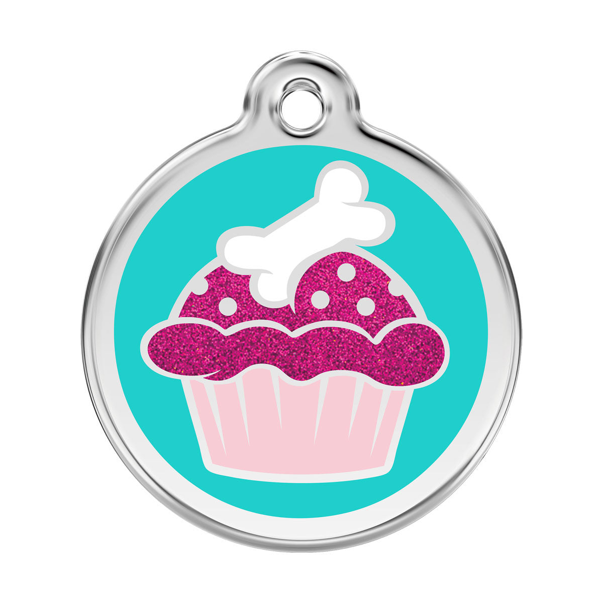 Red Dingo stainless steel dog ID tag with glitter cupcake enamel design, teal backing.