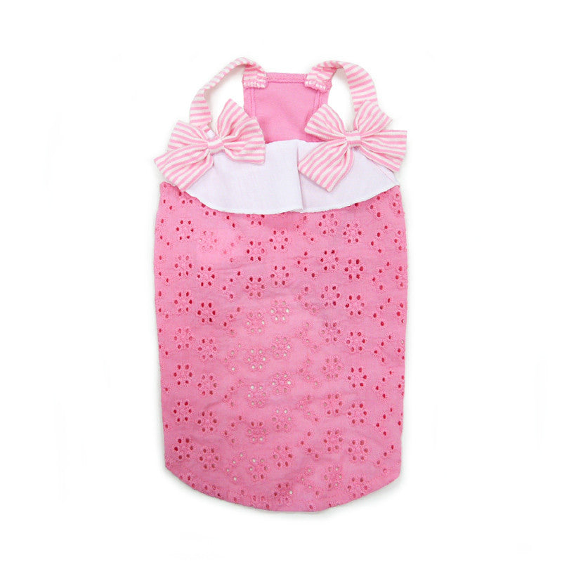 Pink eyelet dog tank top with bow appliques and striped white top panel