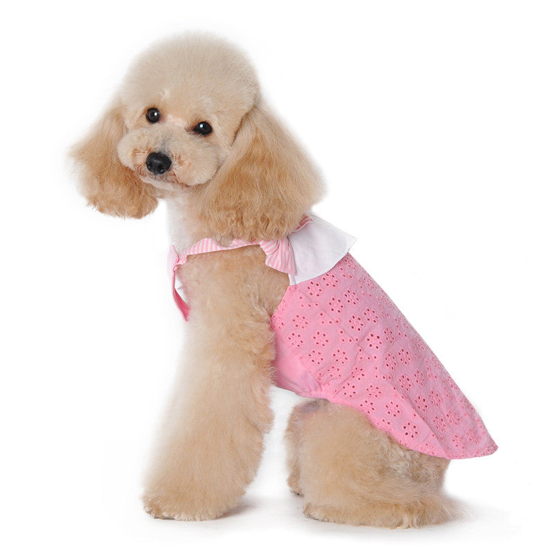Pink eyelet dog tank with bow detail and ruffle trim on white waistband