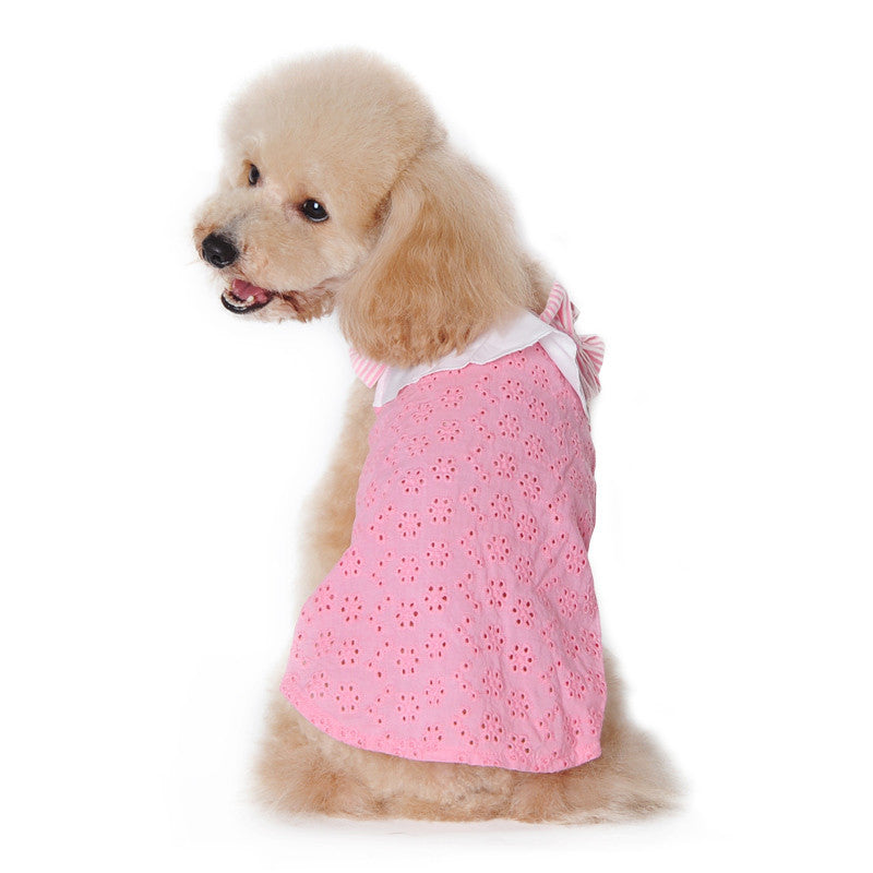 Pink eyelet dog dress-tank with bow straps and fluttery white collar trim