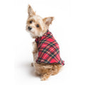 Red plaid stretch fleece dog coat with front belly opening, worn by small dog