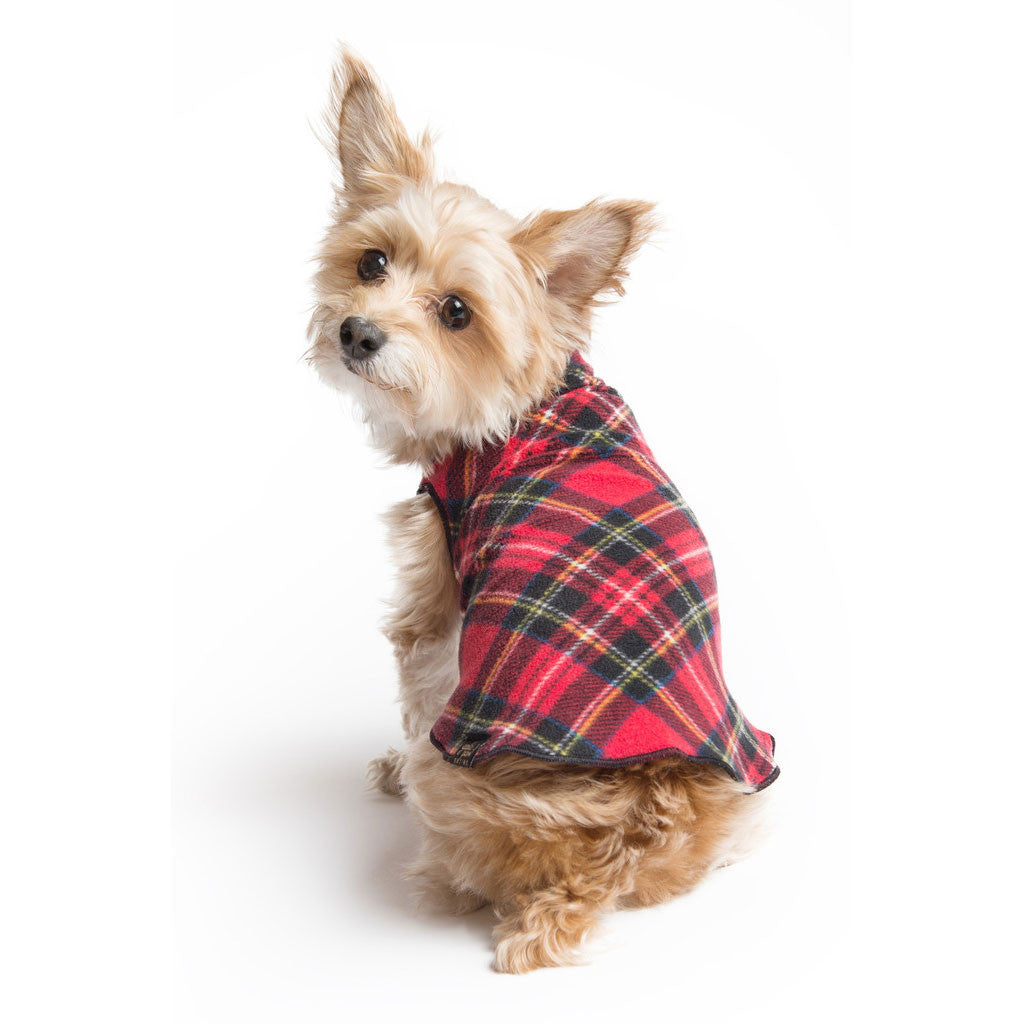 Red plaid stretch fleece dog coat with front belly opening, worn by small dog
