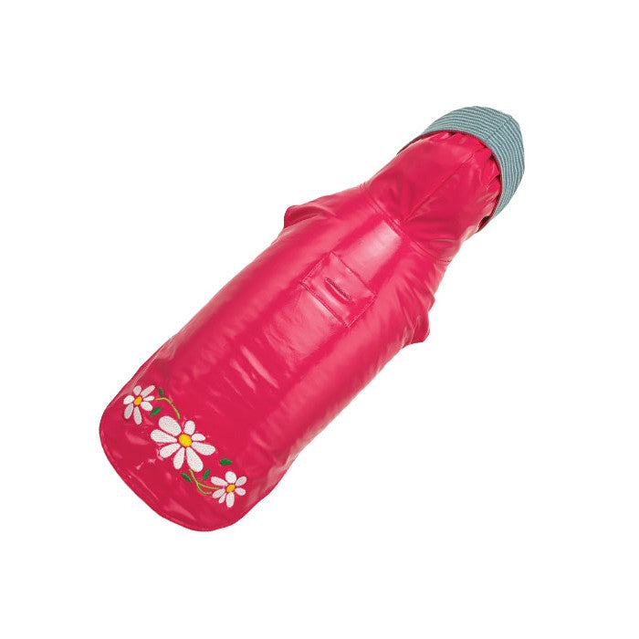 Red dog rain slicker coat with green hood trim and daisy patch on sleeve
