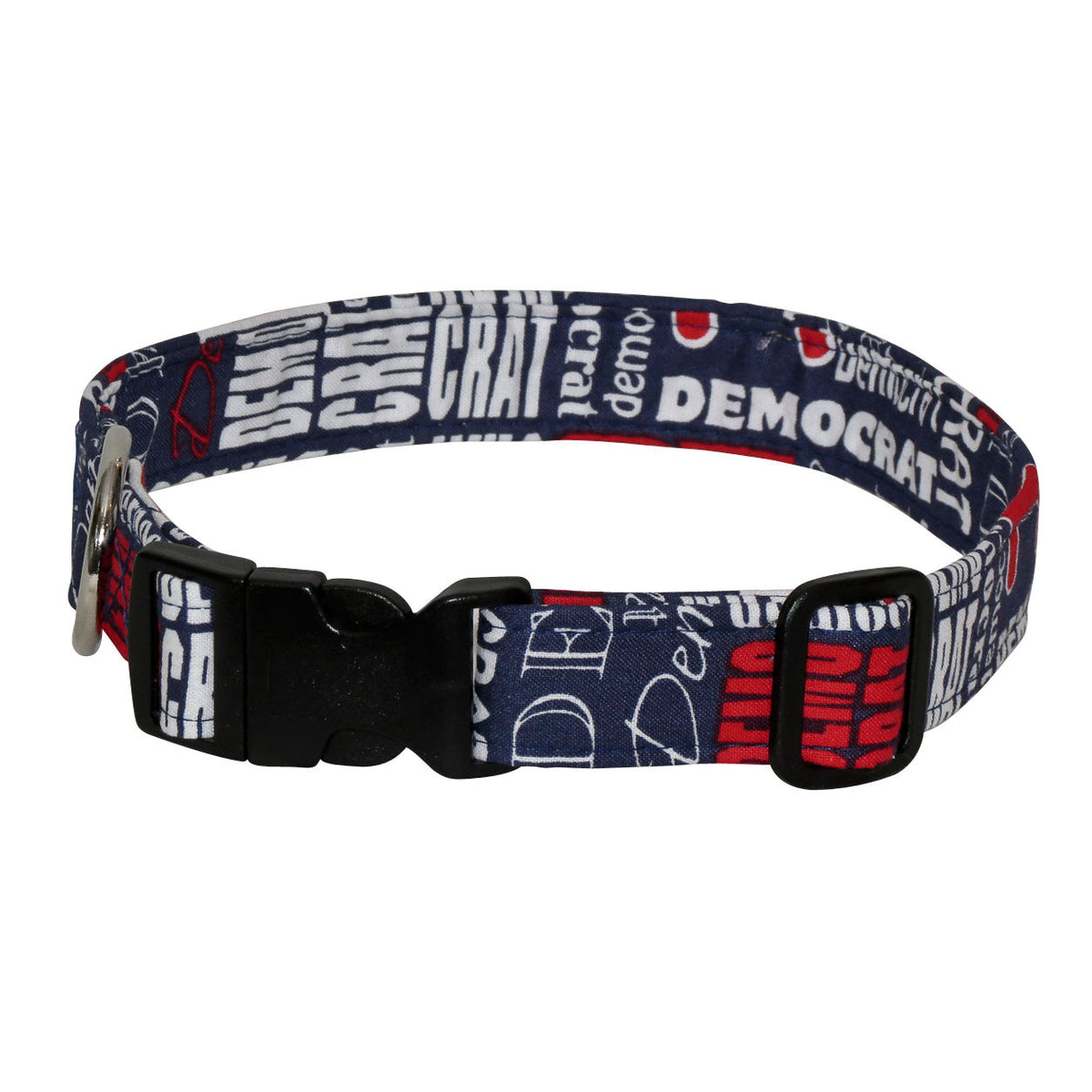 Elmo's Closet Democrat dog collar with black buckle and patterned blue fabric