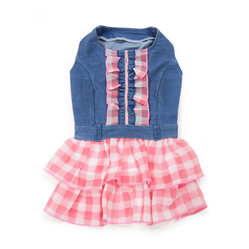 Denim dog dress flat view: blue top with pink gingham ruffle hem and bow placket