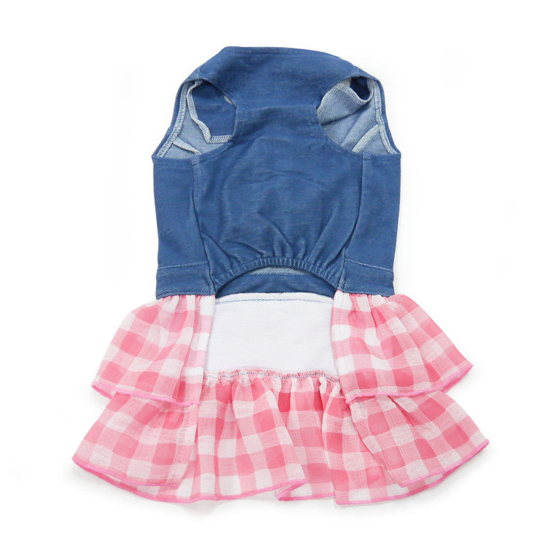 Denim dog dress back view with hood, pink gingham ruffled skirt, white waistband panel