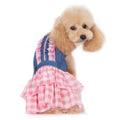 Denim dog dress with blue top and pink gingham layered ruffle skirt