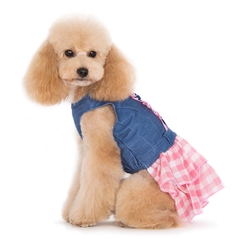 Denim dog dress with blue denim top and pink gingham ruffled skirt on seated dog