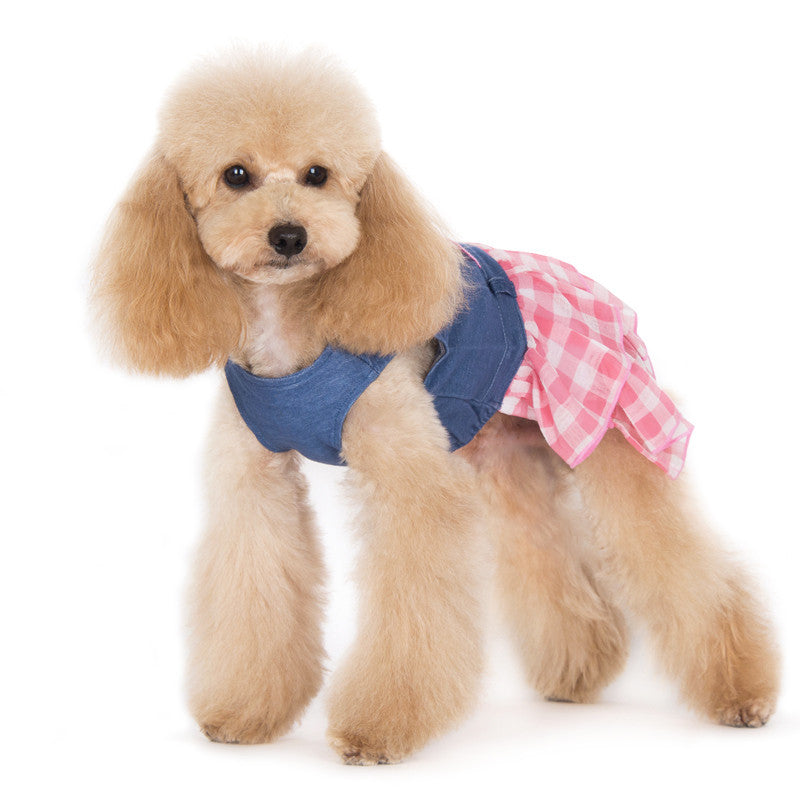 Denim dog dress with blue bib-style top and pink gingham layered ruffle skirt