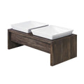 Walnut-finish double dog feeder with two white ceramic bowls on dark wood stand