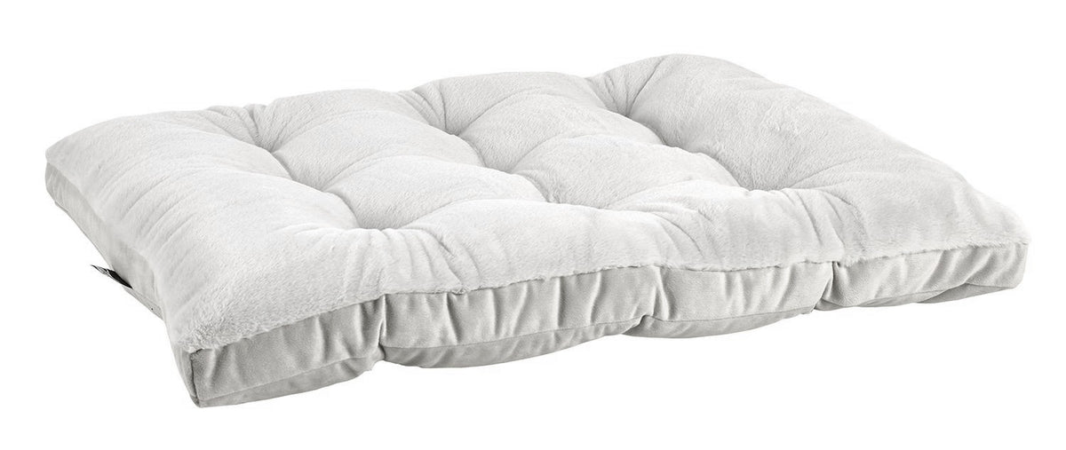 Dream Futon dog bed in light gray, tufted mattress with ruffled edge