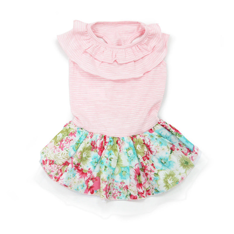 Pink striped dog dress with floral tulle ruffle skirt and layered neckline