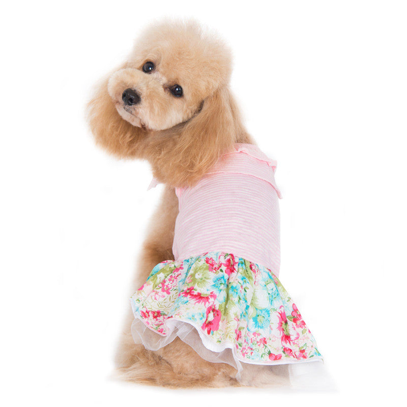 Pink striped dog dress with floral ruffle skirt and petal-style neckline