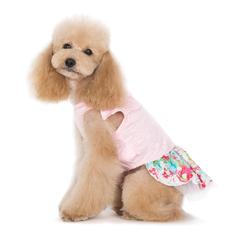 Pink striped dog dress with heart-shaped cutout and floral ruffle skirt