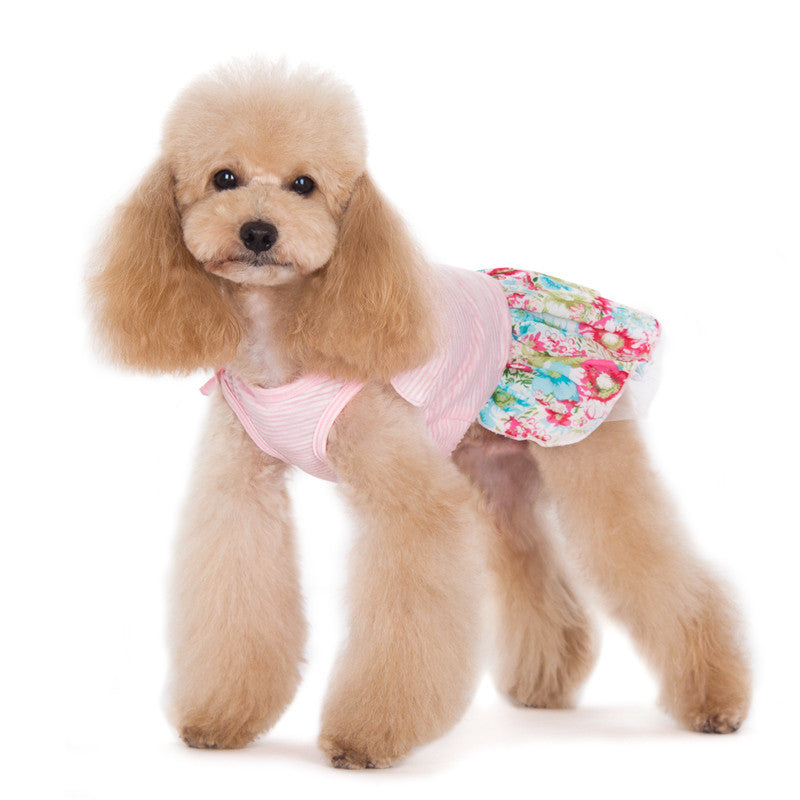 Pink striped dog dress with colorful floral ruffle skirt and side flare