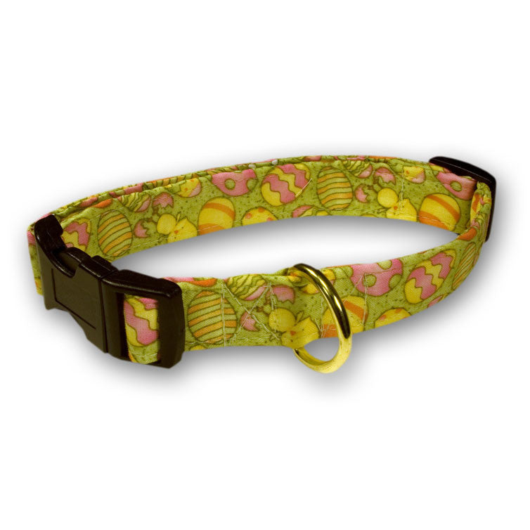 Green Easter eggs dog collar with black buckle and gold D-ring, small spring pattern