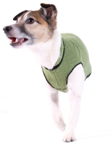 Leaf green eco fleece dog pullover sweater with black trim and side opening
