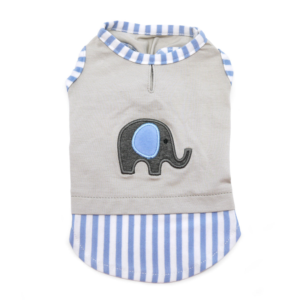 Light gray dog tank shirt front view with blue elephant patch and striped hem