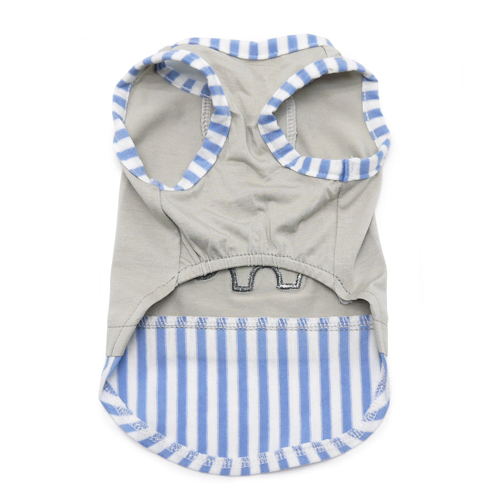 Light gray dog tank shirt back with cutout sleeves and blue striped hem