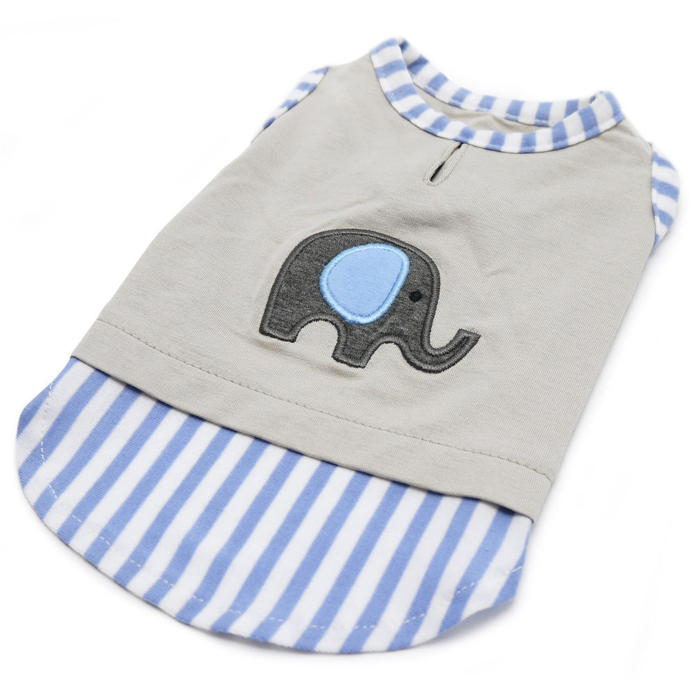 Light gray dog tank shirt with blue elephant applique and blue striped lower panel