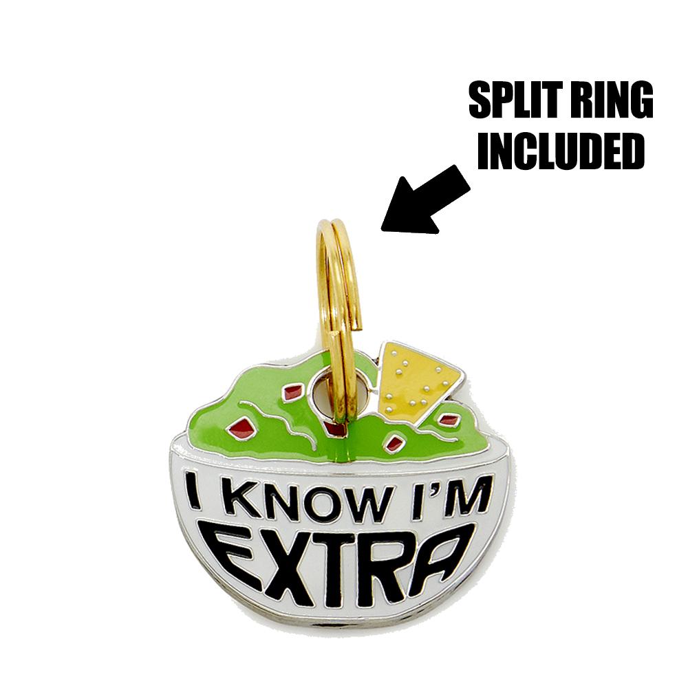 Burger-shaped dog tag with "I KNOW I'M EXTRA" and gold split ring at top