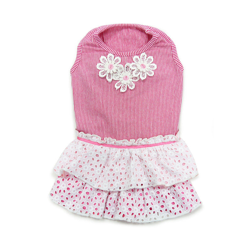 Pink and white dog dress with striped top, eyelet flower applique, and tiered skirt