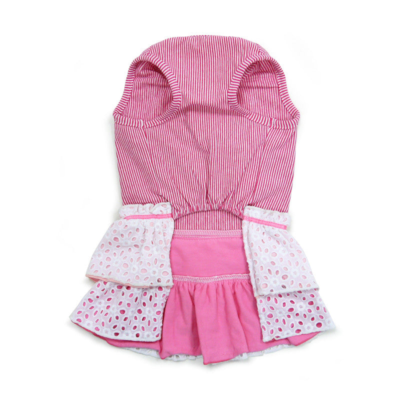 Back view of pink striped dog dress with tiered eyelet ruffle sleeves and hem