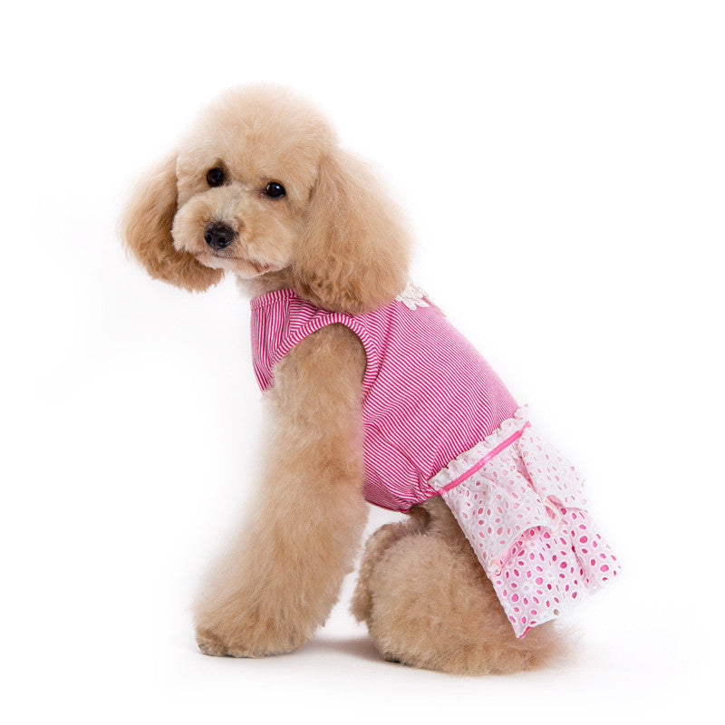 Pink and white striped dog dress with tiered ruffle skirt and eyelet flower applique