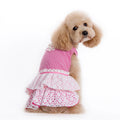 Dogo eyelet flower dog dress in pink and white stripe with tiered ruffle skirt
