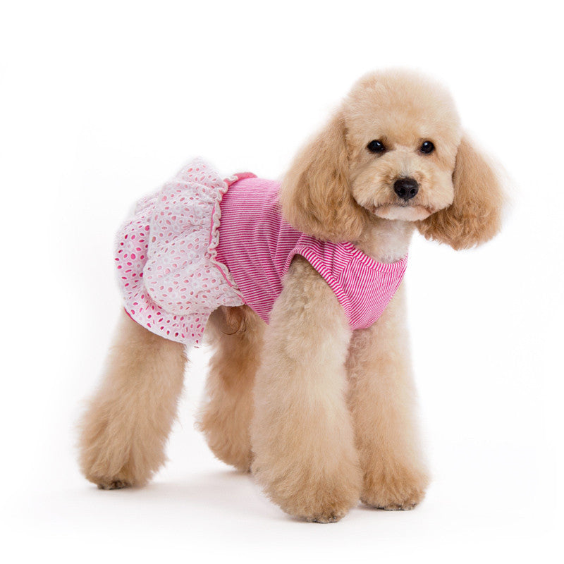 Dog dress with pink striped bodice and white eyelet ruffle skirt, side view