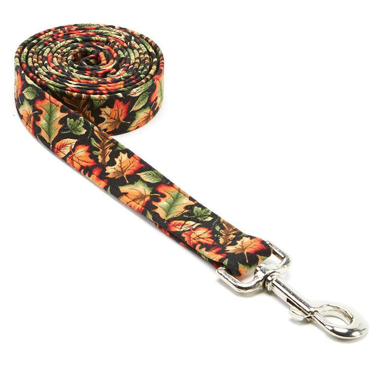 Fall leaves dog leash with coiled strap and metal swivel clip, orange and green leaf print