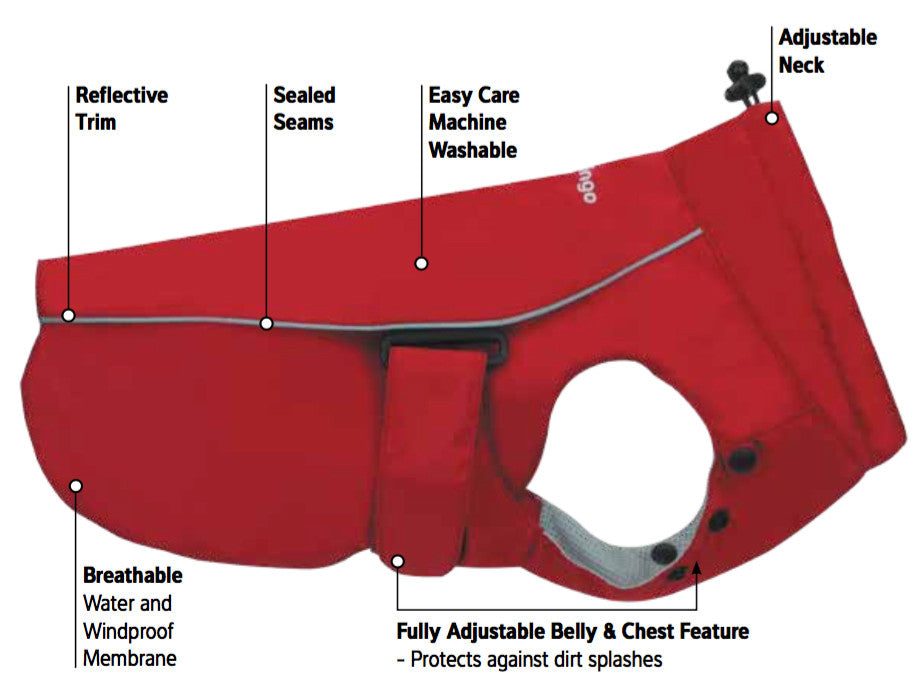 Red rain coat for dogs with reflective trim, sealed seams, and adjustable neck.