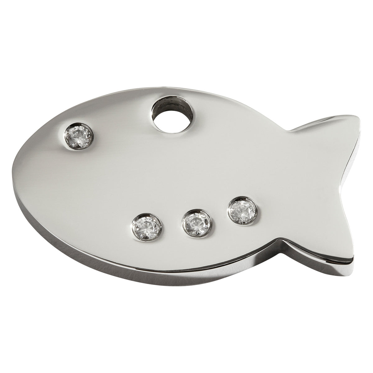 Red Dingo fish-shaped stainless steel dog tag with round zirconia gems and hanging hole