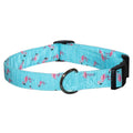 Flamingos dog collar with adjustable buckle and D-ring, light blue fabric