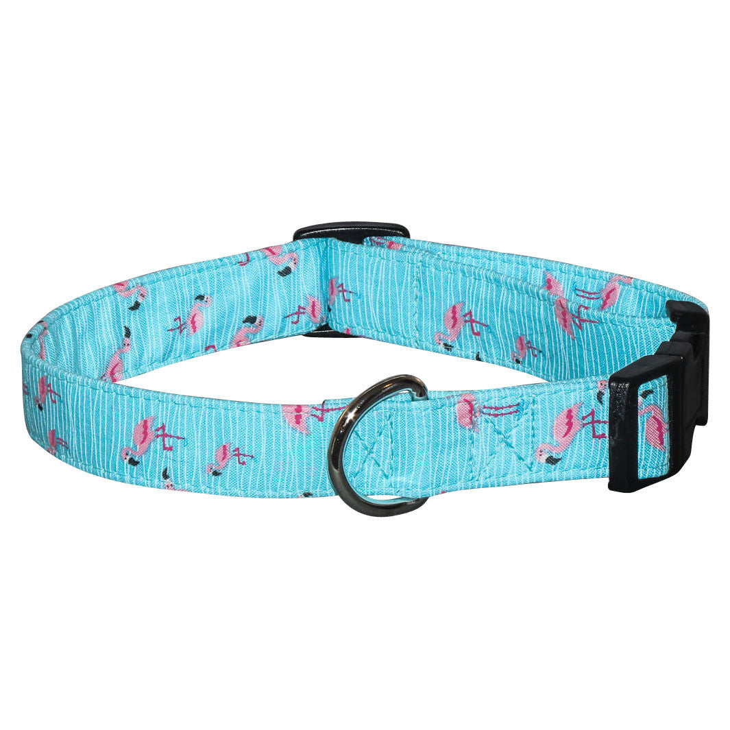 Flamingos dog collar with adjustable buckle and D-ring, light blue fabric