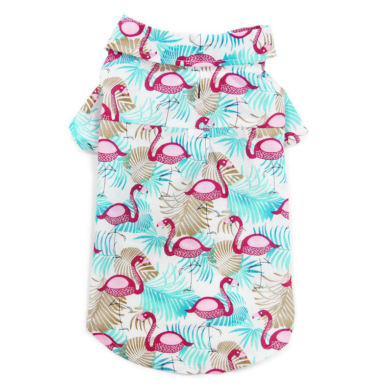 Dog shirt garment only, teal and cream with pink flamingo and leaf print