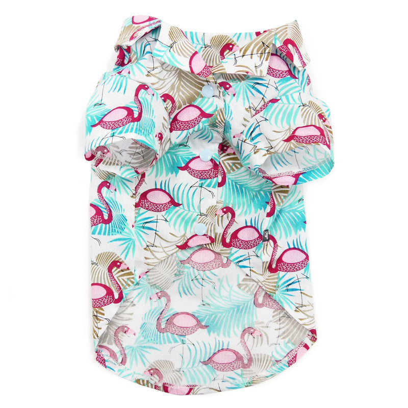 Dog shirt garment only, teal-and-cream tropical print with pink flamingos, button front