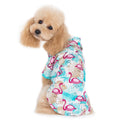 Dog shirt with pink flamingo and teal leaf print, short sleeves