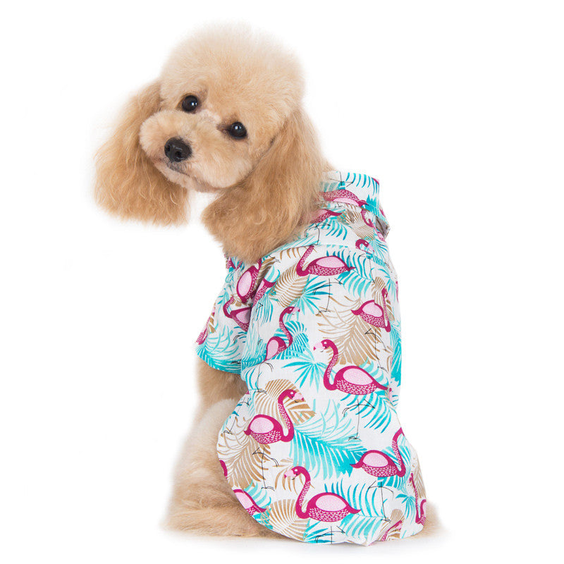 Dog shirt with pink flamingo and teal leaf print, short sleeves