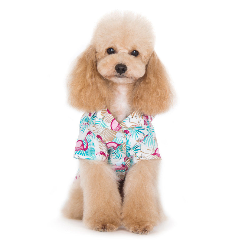 Dog shirt with pink flamingos on teal-and-cream leaf pattern, short sleeves