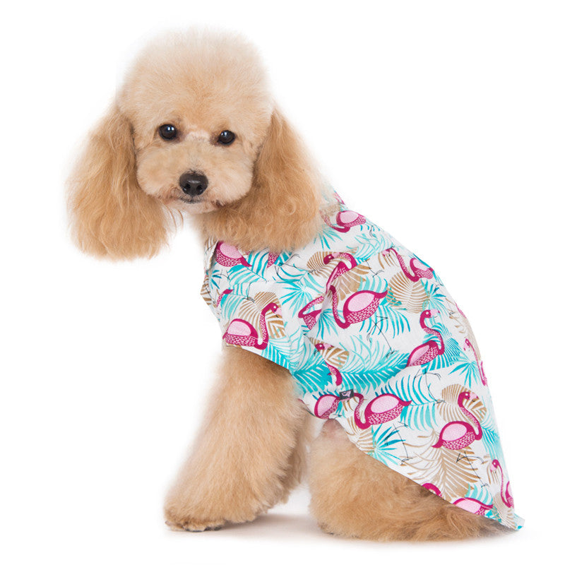 Dog shirt with pink flamingos and teal leaves, tropical print, short sleeves