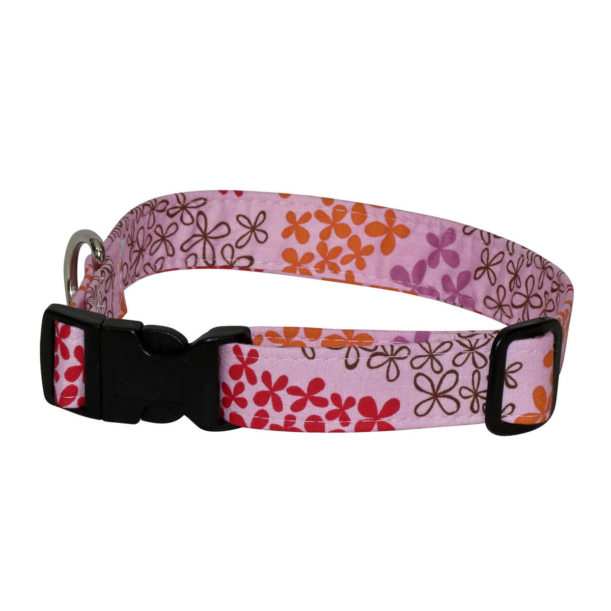 Pink floral dog collar with adjustable buckle and black D-ring