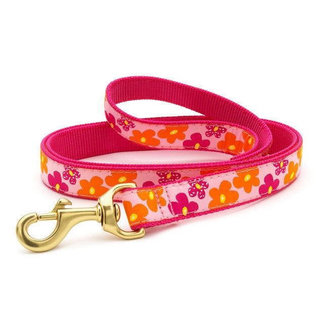 Dog collar in hot pink with orange floral fabric and brass leash clip hardware